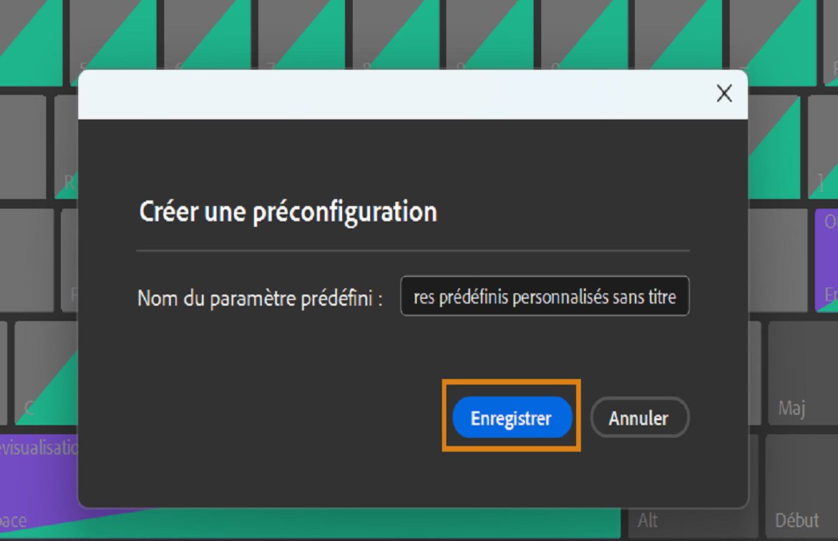 Utilisez la boîte de dialogue Créer un paramètre prédéfini pour enregistrer les raccourcis clavier personnalisés.