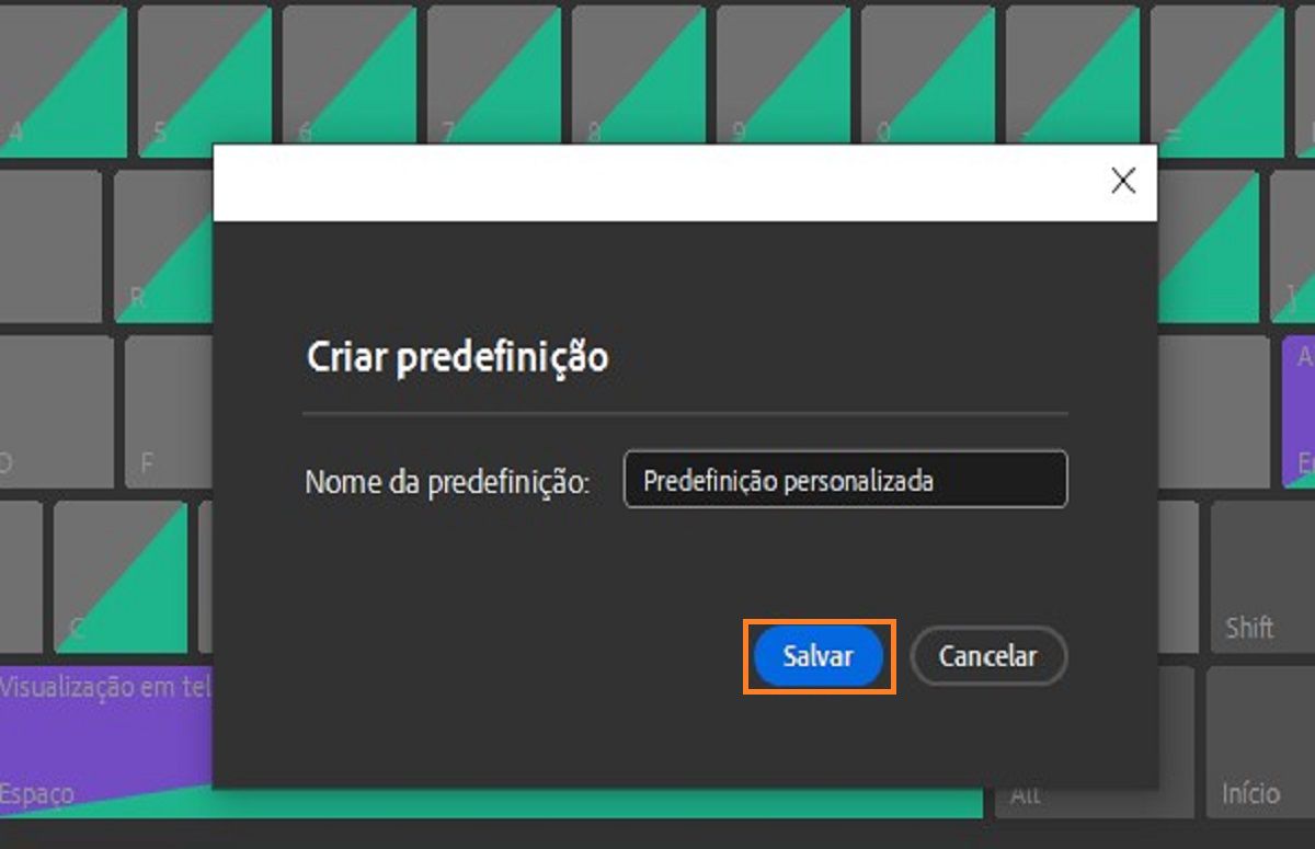Use a caixa de diálogo Criar predefinição para salvar os atalhos de teclado personalizados.