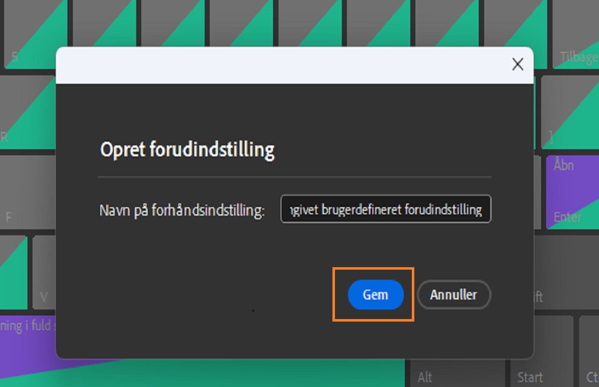Brug dialogboksen Opret forudindstilling til at gemme de brugerdefinerede tastaturgenveje.