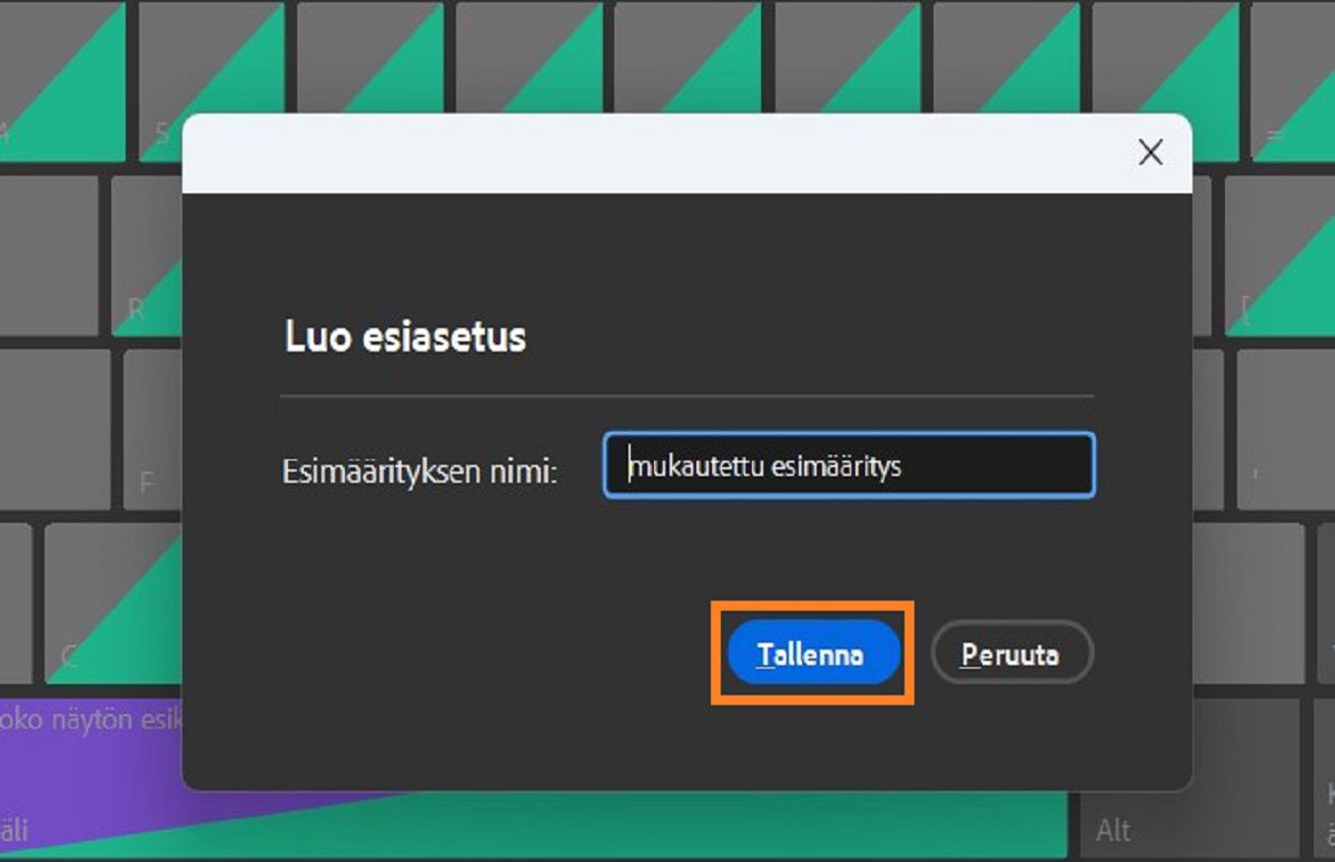 Tallenna mukautetut pikanäppäimet Luo esimääritys -valintaikkunassa.