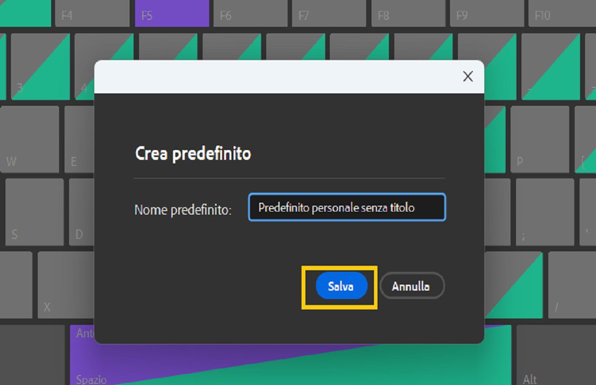 Utilizzate la finestra di dialogo Crea predefinito per salvare le scelte rapide da tastiera personalizzate.