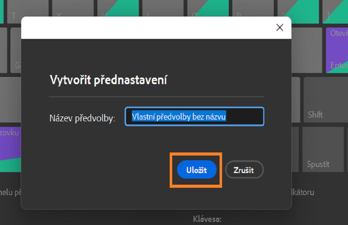Pomocí dialogového okna Vytvořit přednastavení uložte vlastní klávesové zkratky.
