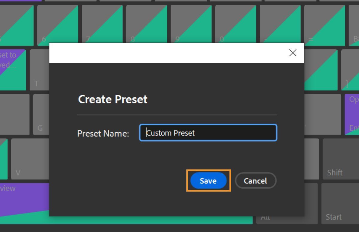 Use the Create Preset dialog box to save the custom keyboard shortcuts.