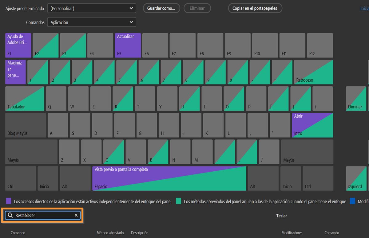 Utilice la barra de búsqueda del panel Métodos abreviados de teclado para buscar el comando deseado.