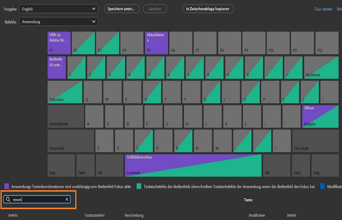 Verwende die Suchleiste im Tastaturbefehl-Bedienfeld, um den gewünschten Befehl zu finden.