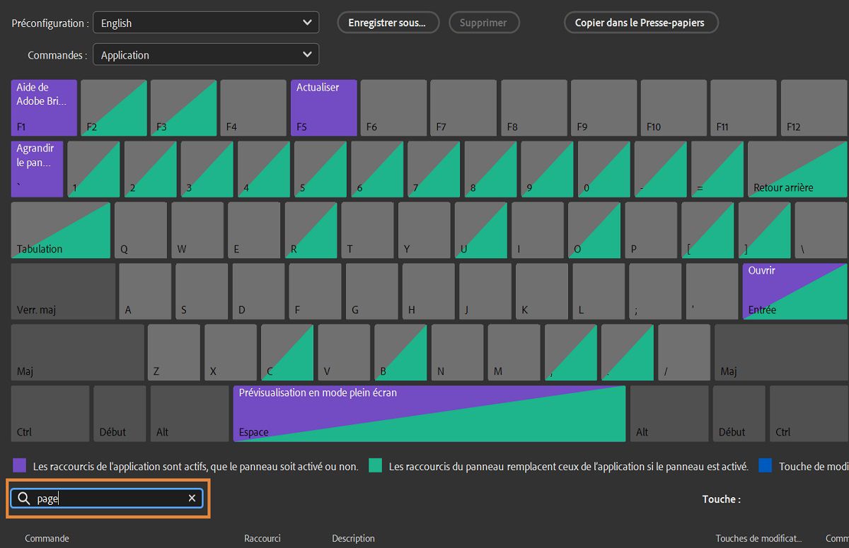 Utilisez la barre de recherche du panneau Raccourcis clavier pour trouver la commande souhaitée.