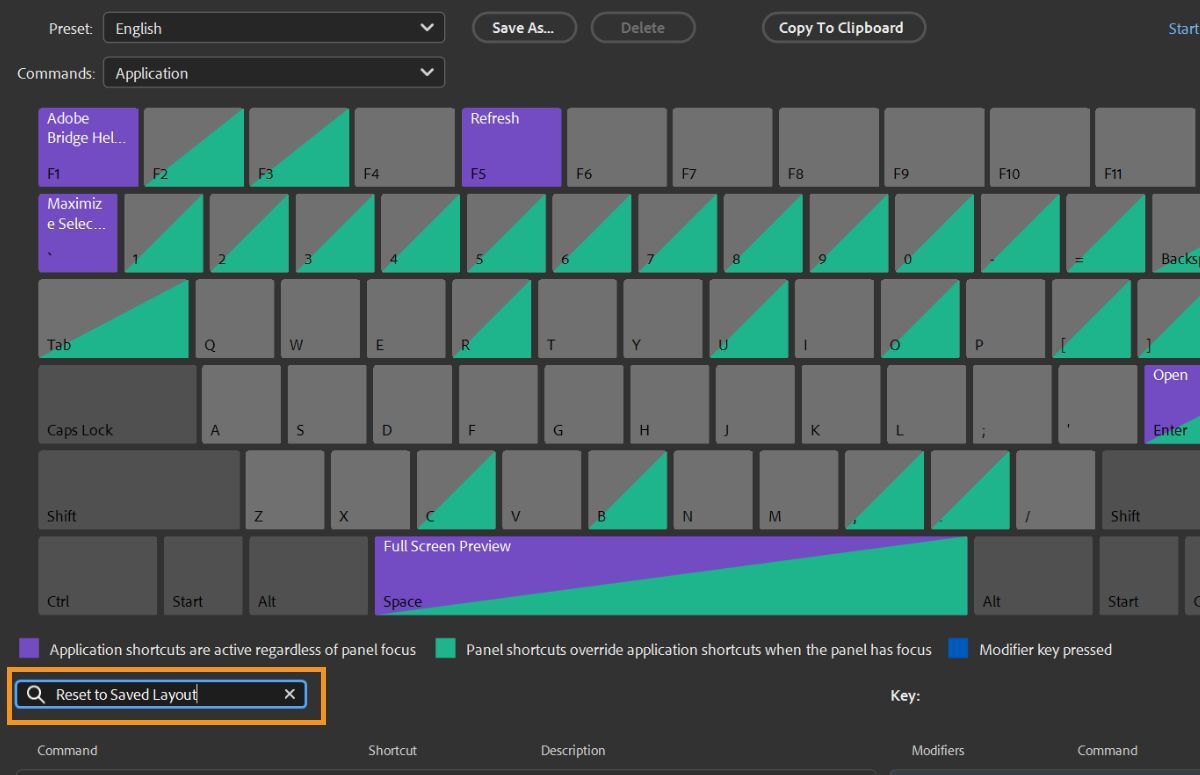 Use the search bar in Keyboard Shortcuts panel to find the desired command.