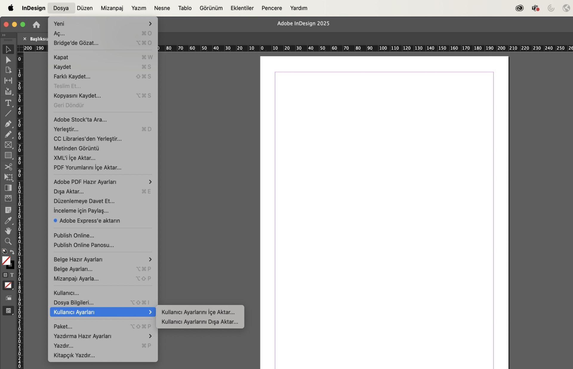 kullanıcı ayarları > içe aktar > kullanıcı ayarlarını dışa aktar seçeneklerini gösteren bir ekran