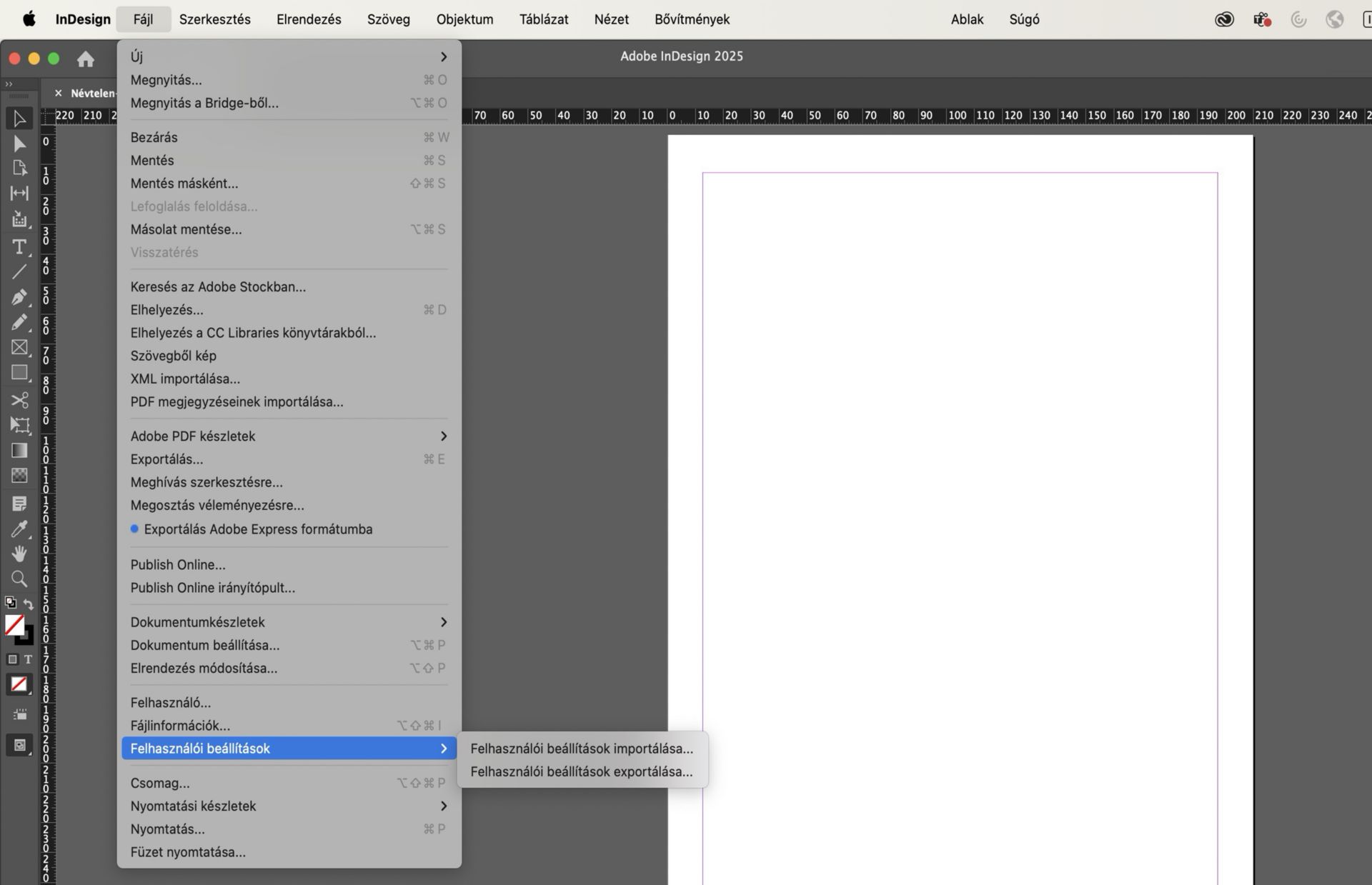 A felhasználói beállítások > importálás  > felhasználói beállítások exportálása lehetőséget megjelenítő képernyő