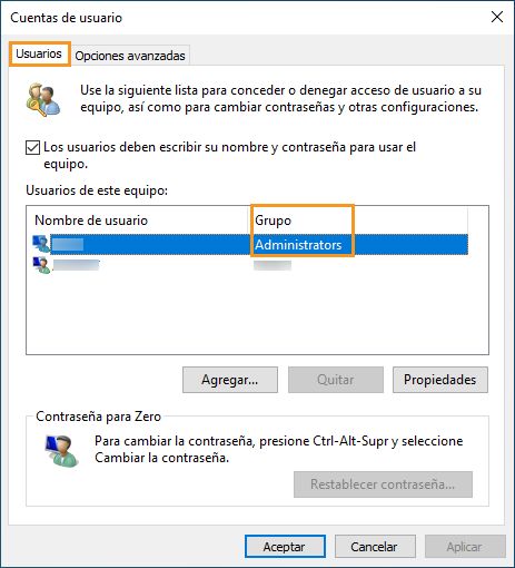 Pestaña Usuarios en Windows