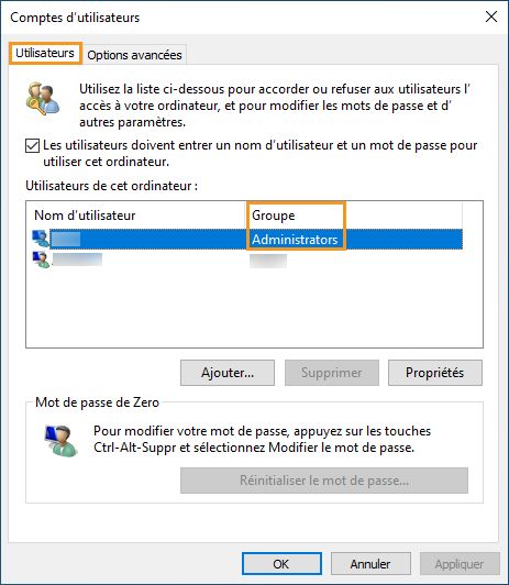 Onglet Utilisateurs sous Windows
