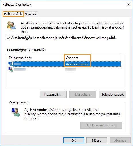 Felhasználók lap Windows operációs rendszerben