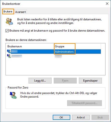 Brukerens fane i Windows