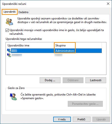 Zavihek Uporabniki v operacijskem sistemu Windows