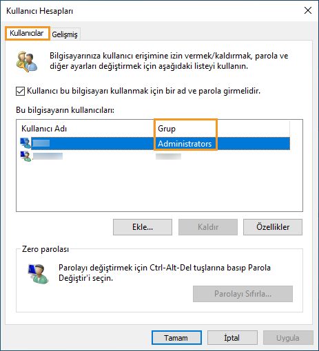 Windows'ta Kullanıcılar sekmesi