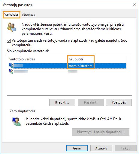 Naudotojų skirtukas sistemoje „Windows“