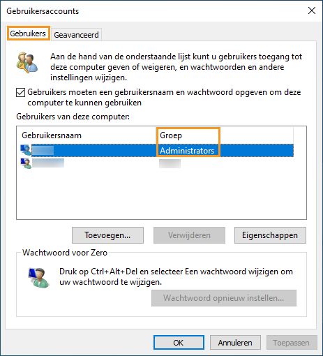Tabblad Gebruikers in Windows