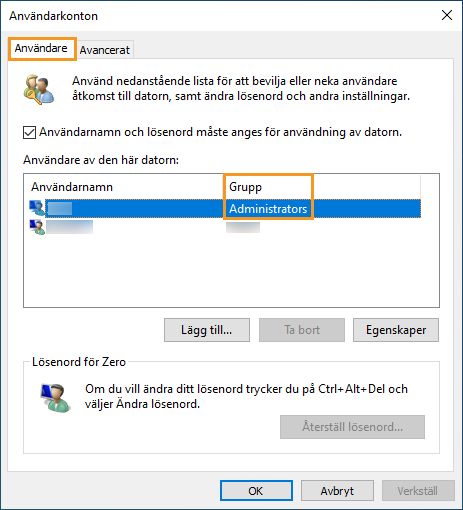 Fliken Användare i Windows