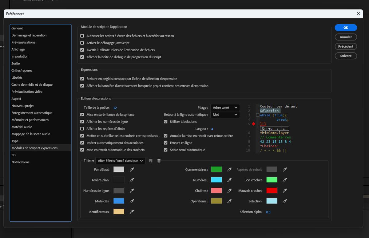Boîte de dialogue Scripts et expressions