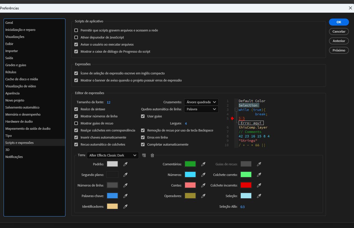 Caixa de diálogo Scripts e expressões