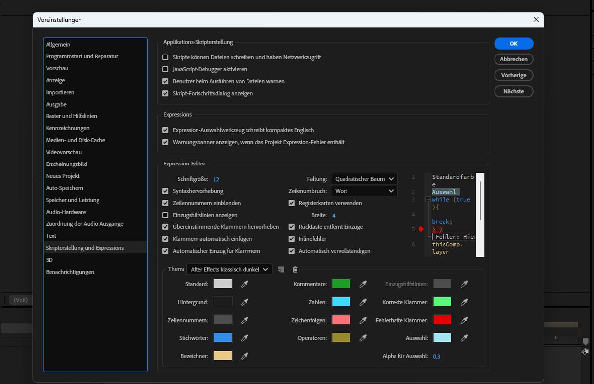 Dialogfeld „Skripterstellung und Expressions“
