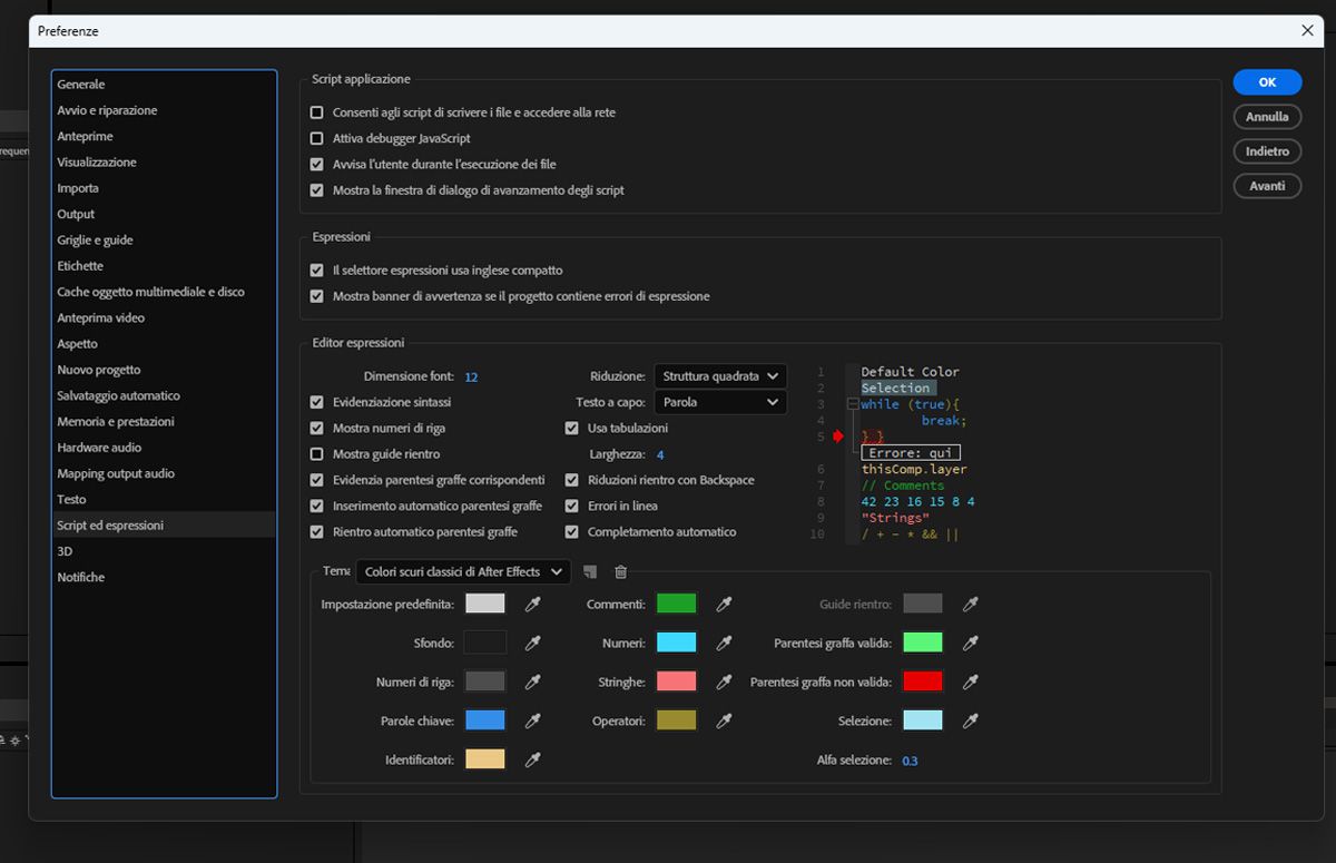 Finestra di dialogo Script ed espressioni