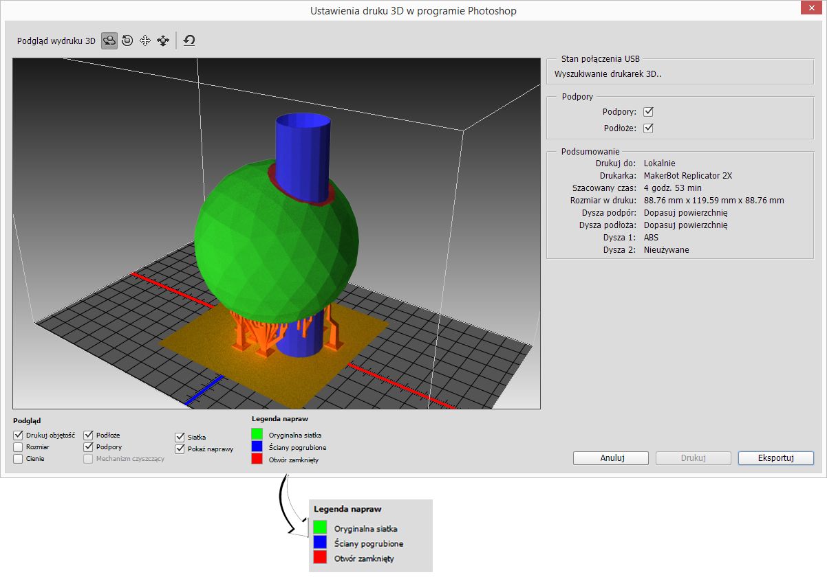 Powierzchnie naprawione widoczne w podglądzie wydruku w programie Photoshop