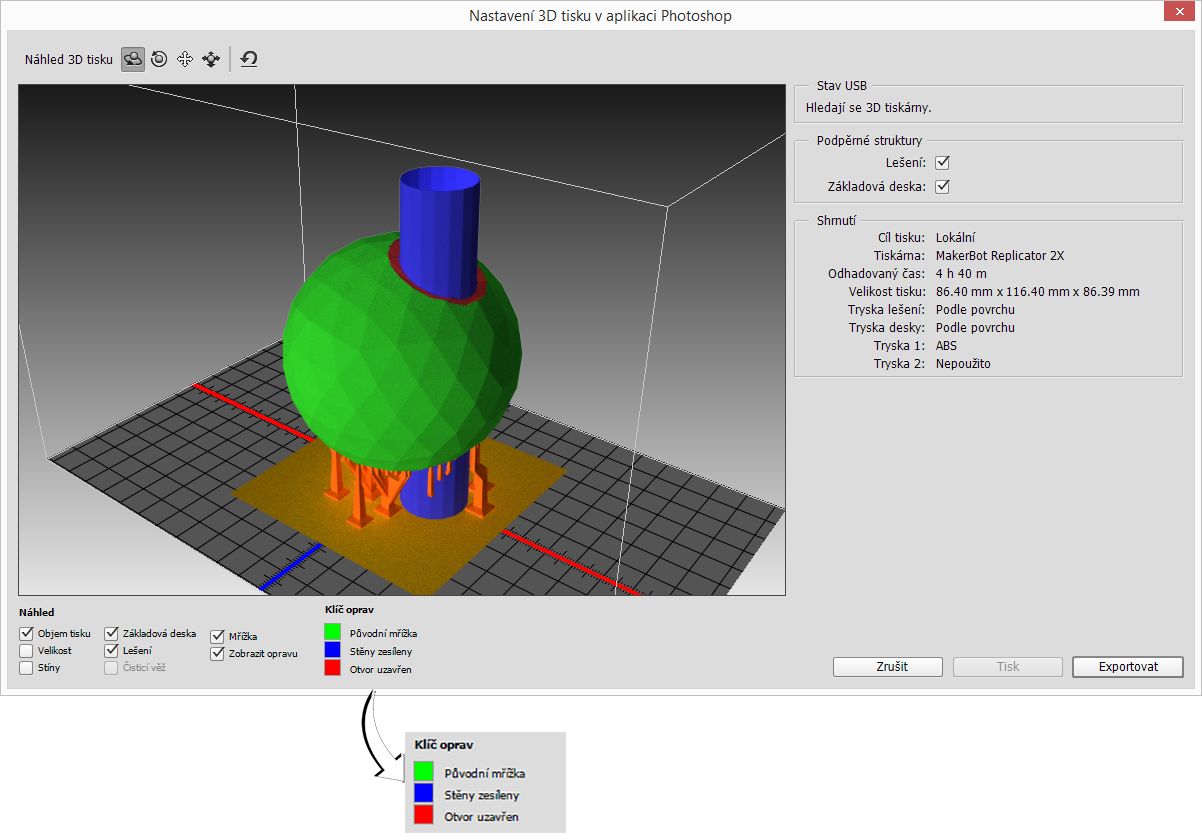 Photoshop – Náhled tisku zobrazující opravené povrchy