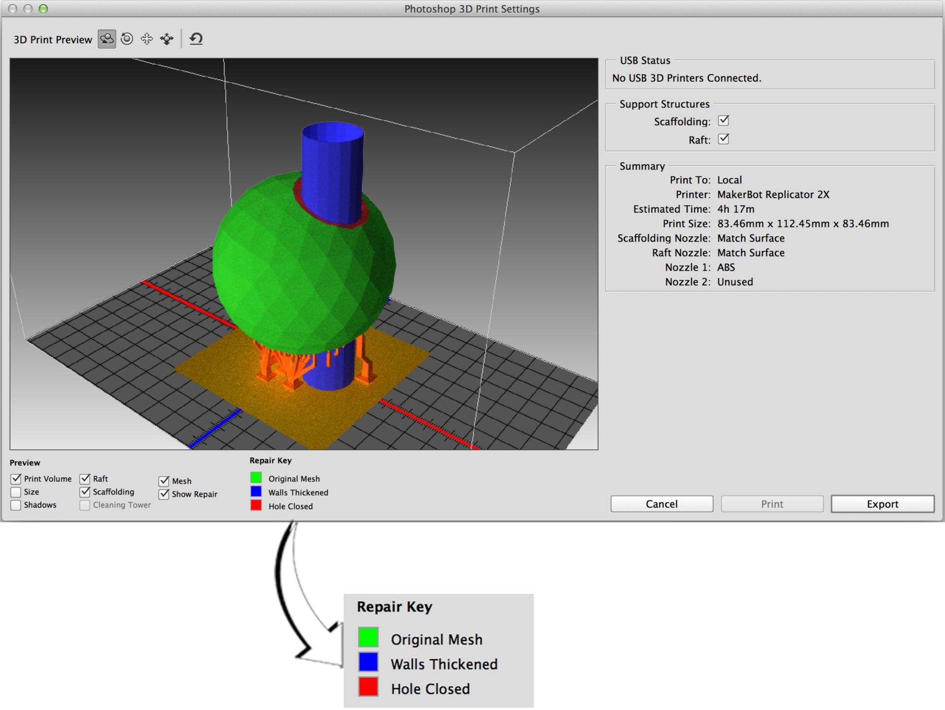 Druckvorschau zeigt reparierte Oberflächen in Photoshop