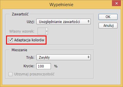 Wypełnienie z uwzględnieniem zawartości i adaptacją kolorów w programie Photoshop