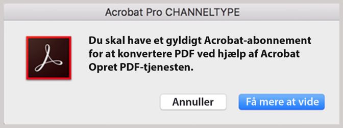 Konvertering til PDF-fil kræver Acrobat-abonnement