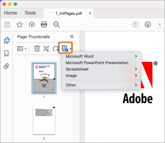 Nástroj Exportovat PDF v miniaturách stránek