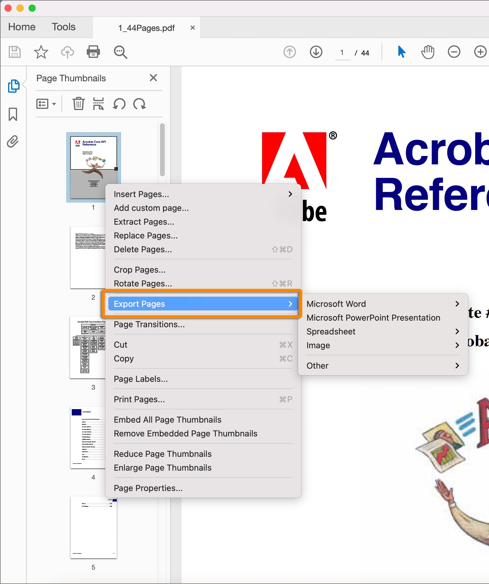 Verktyget Exportera PDF från snabbmenyn med högerklick
