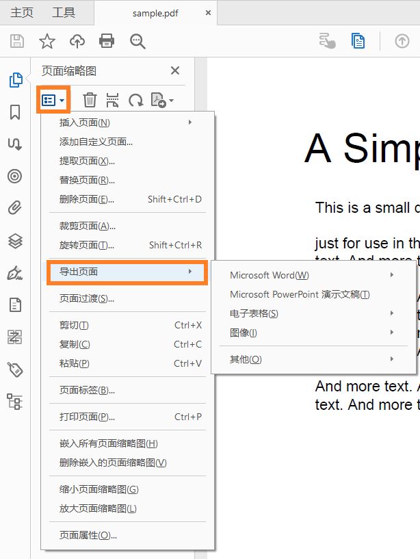 从“选项”菜单导出 PDF 工具