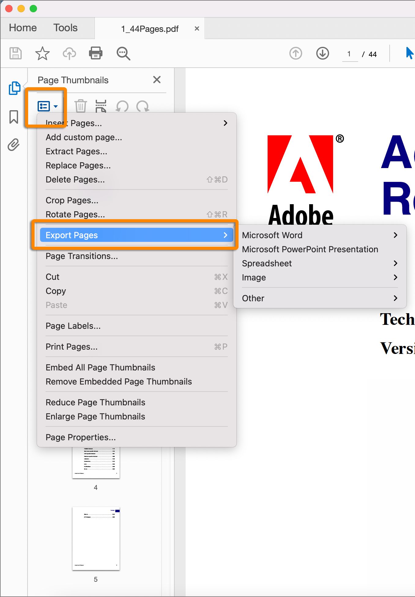 أداة Export PDF من قائمة الخيارات