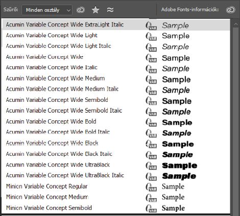 Betűtípuslista: Néhány változtatható betűtípus