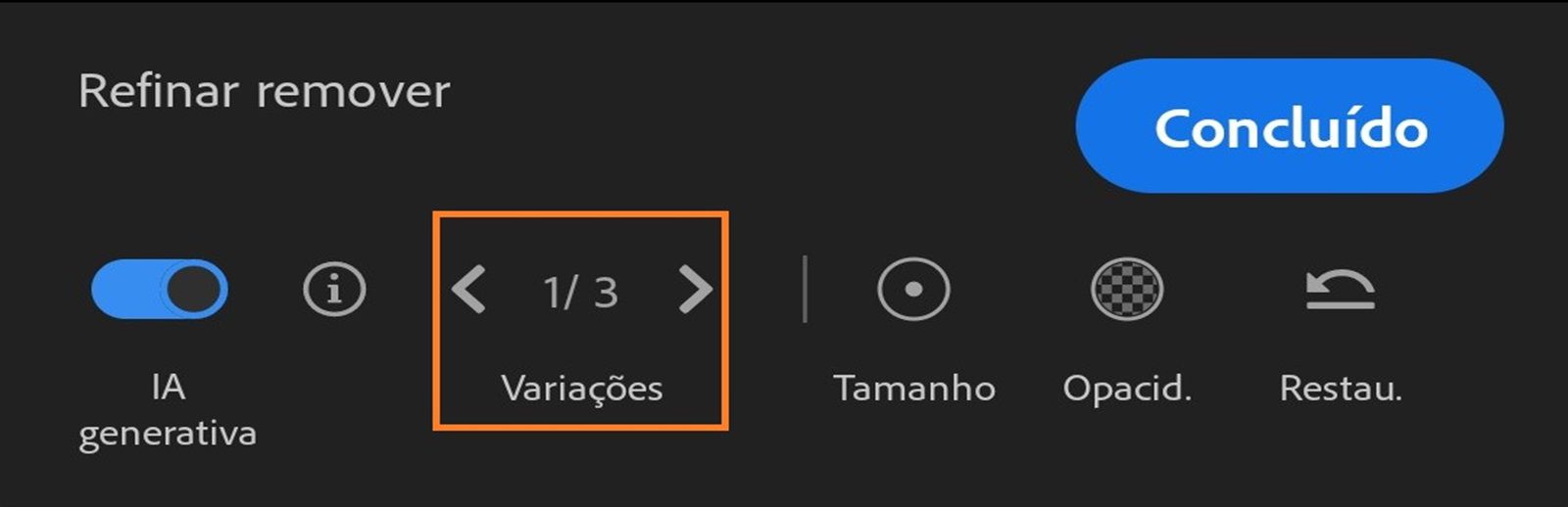 No painel Refinar remoção, são exibidos o botão de alternância IA generativa, Variações, Opacidade e o botão Restaurar.