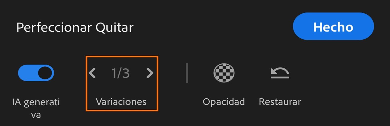 En el panel Perfeccionar Quitar, aparece el botón IA generativa, Variaciones, Opacidad y el botón Restaurar.