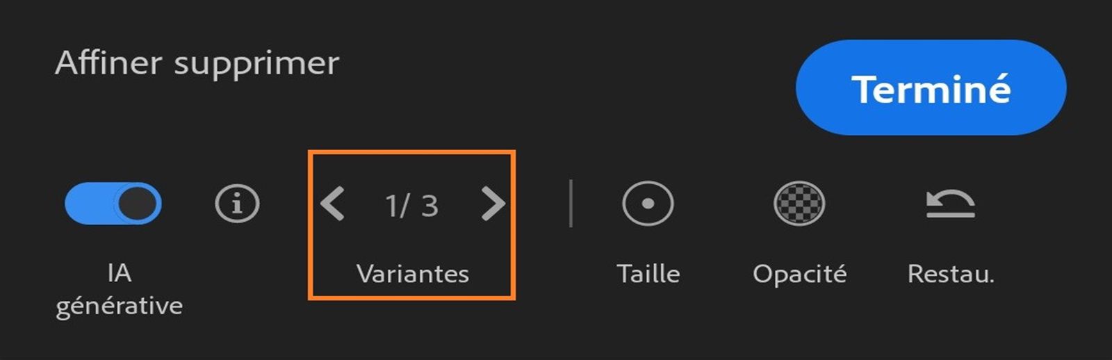 Panneau Affiner la suppression avec le bouton bascule IA générative et les boutons Variations, Opacité et Restaurer affichés.