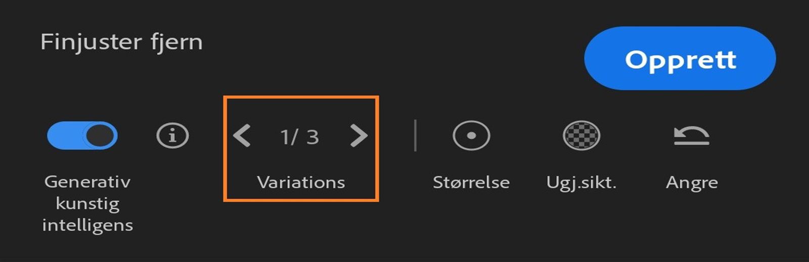 I panelet for finjustering av fjerning vises veksleknappen for generativ KI., variasjoner, ugjennomsiktighet og gjenopprettingsknappen.