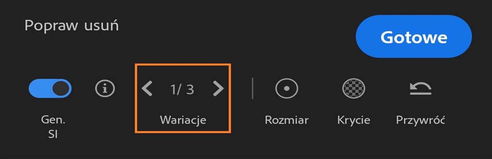 W panelu poprawienia usunięcia wyświetlany jest przycisk przełącznika generatywnej SI, wariantu, krycia i przywracania.