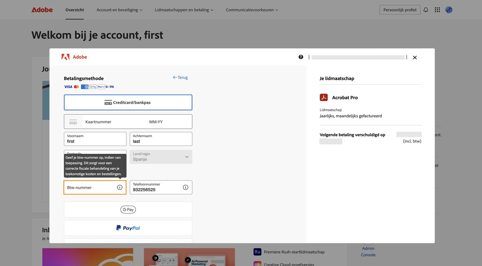 In het venster Je betalingsmethode wordt de optie weergegeven om je btw-nummer en andere relevante informatie toe te voegen, zodat de juiste belasting altijd wordt toegepast voor je toekomstige kosten en bestellingen.