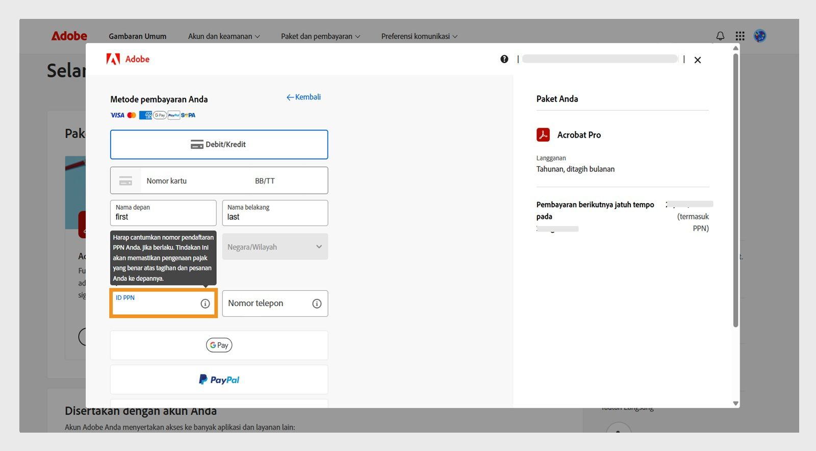 Jendela Metode pembayaran Anda menampilkan opsi untuk menambahkan ID PPN dan informasi relevan lainnya, yang dapat memastikan perlakuan pajak yang benar atas biaya dan pesanan Anda pada masa mendatang.