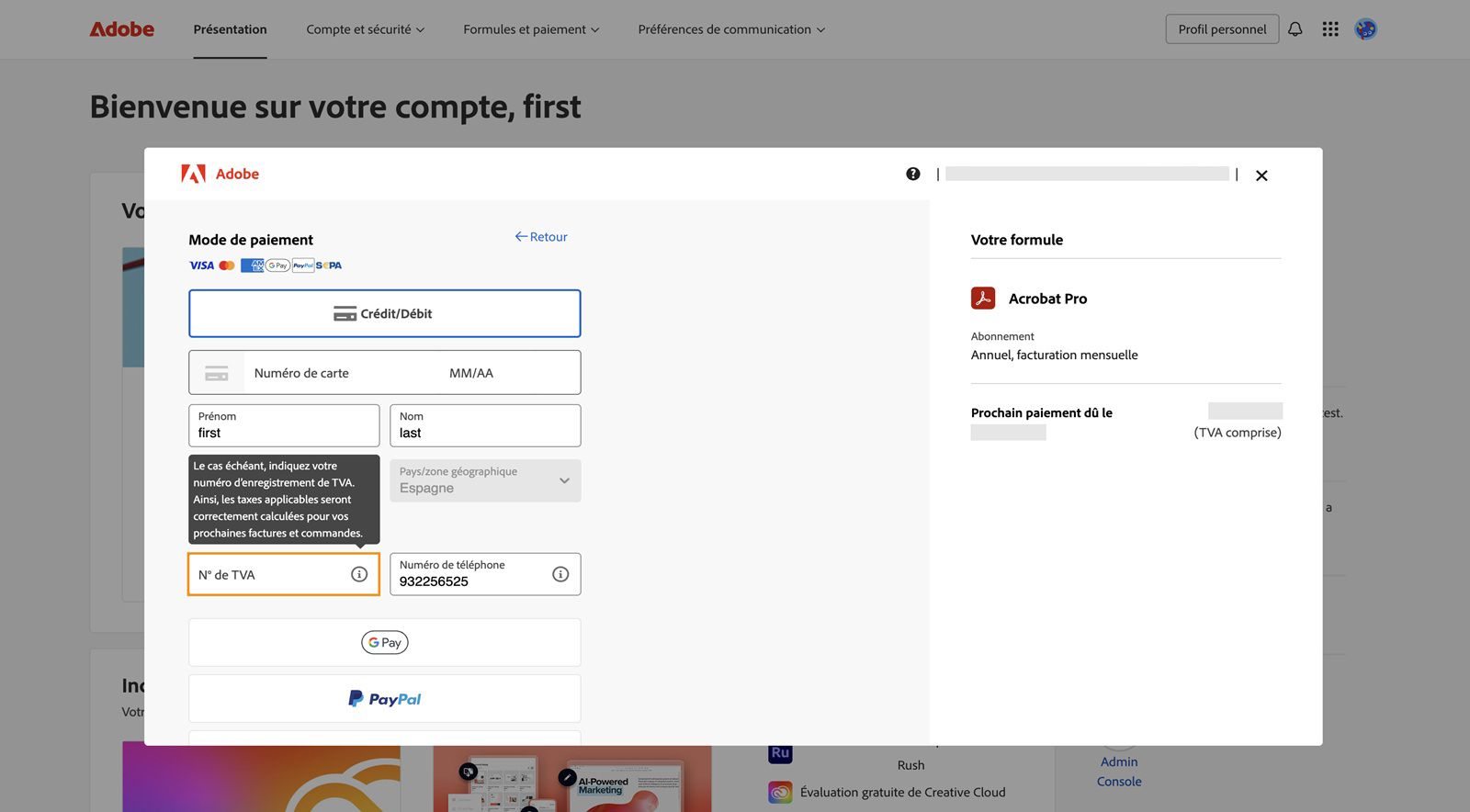 La fenêtre Votre mode de paiement vous permet d’ajouter votre numéro de TVA et d’autres informations pertinentes, ce qui garantit un traitement fiscal correct pour vos prochaines factures et commandes.
