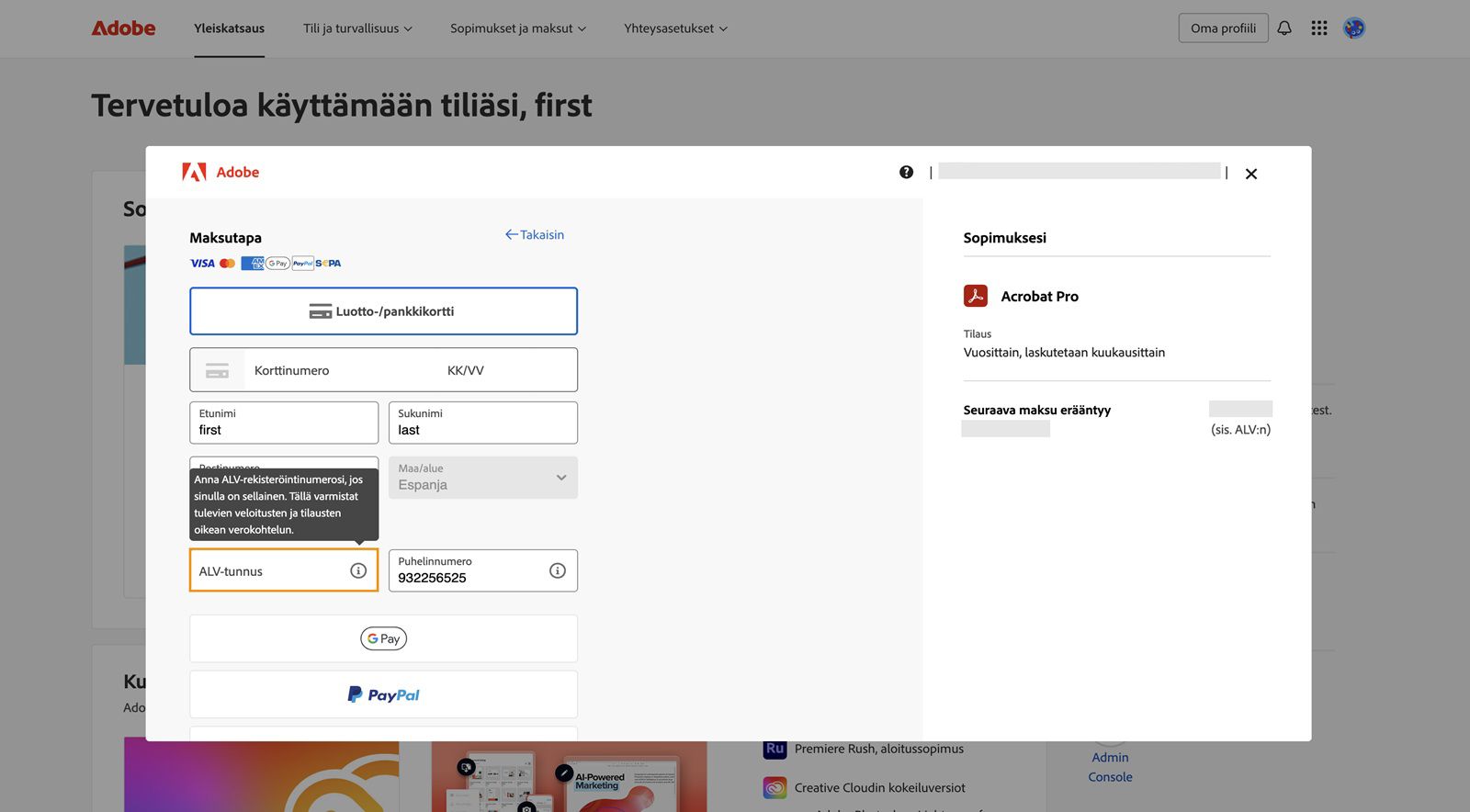 Maksutapa-ikkunassa on vaihtoehto ALV-tunnuksen ja muiden tarpeellisten tietojen lisäämiseen. Tämä auttaa varmistamaan tulevien maksujesi ja tilaustesi asianmukaisen verokohtelun.