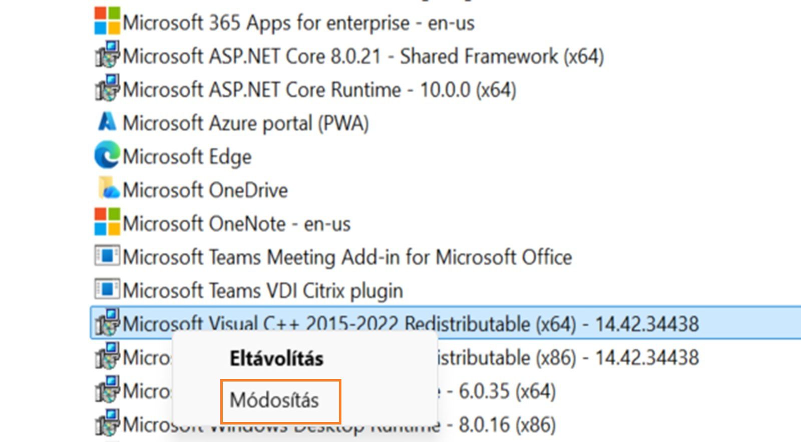 A Programok és szolgáltatások ablak egy Microsoft Visual C++ Redistributable programot jelenít meg, amelyen a Módosítás lehetőség ki van emelve.