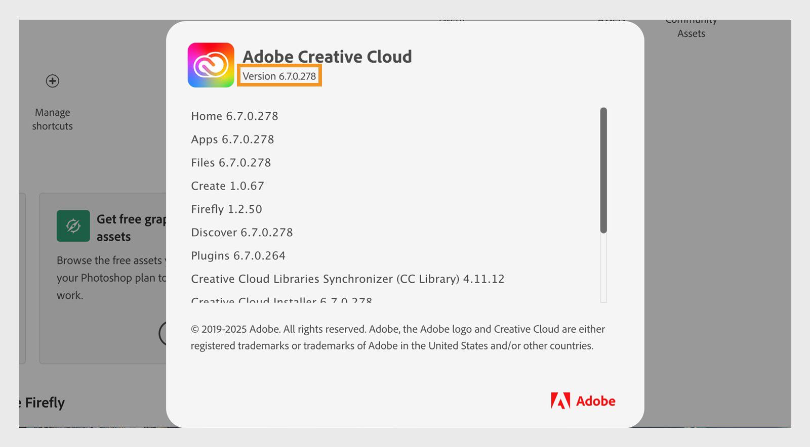 I infovinduet i Adobe Creative Cloud vises appens versjonsdetaljer, inkludert de individuelle versjonene av moduler som Hjem, Apper, Filer, Plugin-moduler med flere.