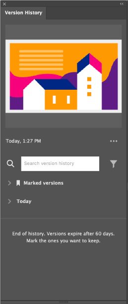 Painel Histórico da versão com barra de pesquisa, filtro e carimbos de data/hora.