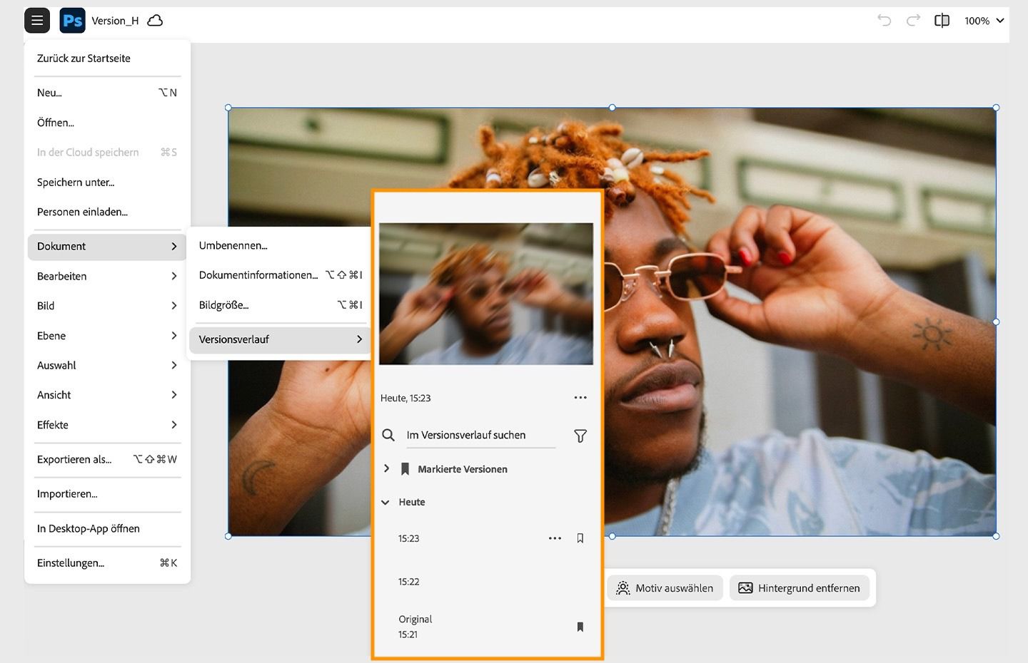 Das Bedienfeld Versionsverlauf zeigt die Versionen des Dokuments an, die einfach für weitere Bearbeitungen wiederhergestellt werden können.