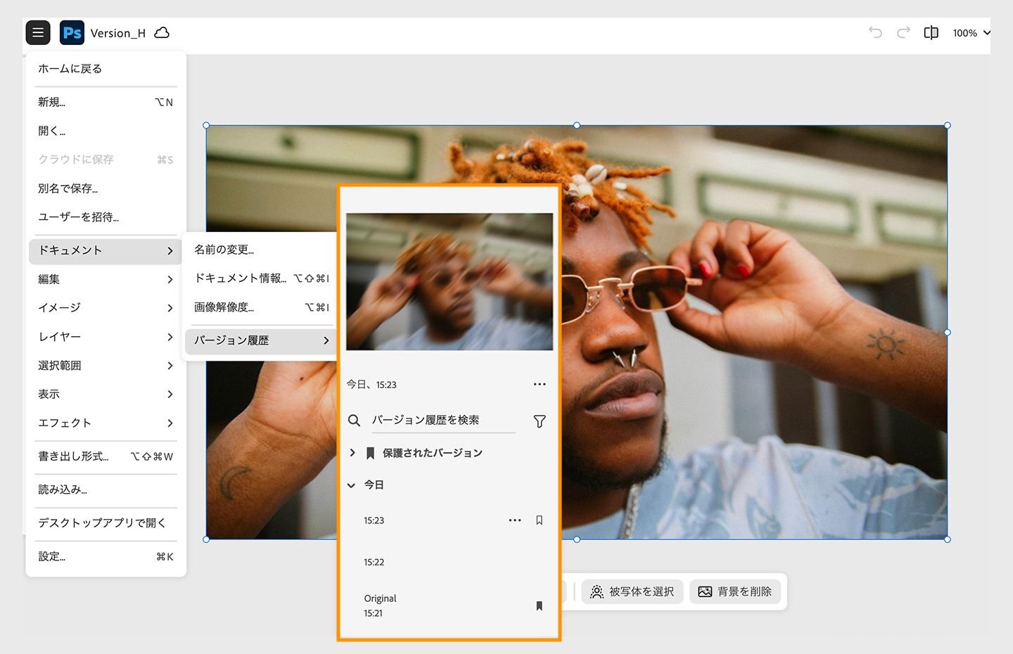 バージョン履歴パネルには、ドキュメントのバージョンが表示されます。これらのバージョンを簡単に復元して、編集を加えることができます。